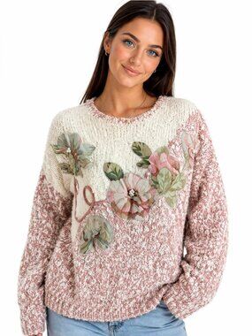 Vintage Pembrooke Pink White Sweater Floral Applique Cottagecore Korea Sz L